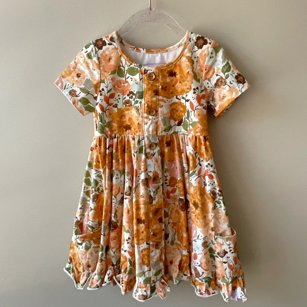 SweetHoney Orange and Green Pleated Sundress with Flutter Sleeves